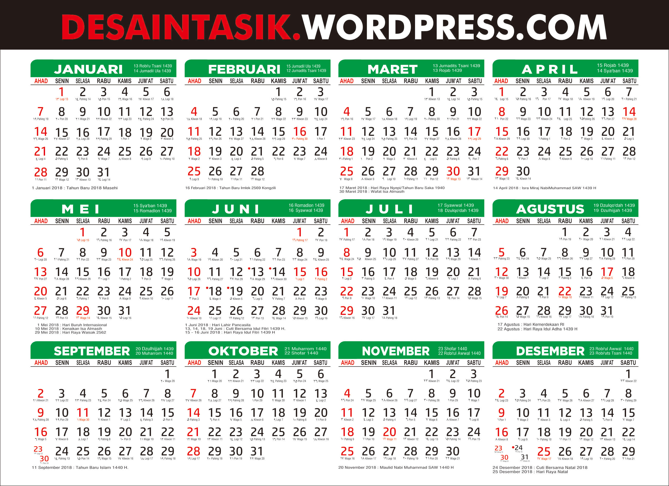 Gratis Download Kalender 2018 Lengkap Hari Libur Hijriyah Vektor Desaintasik Com